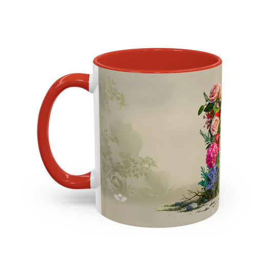 Mug with floral design and red handle on a white background