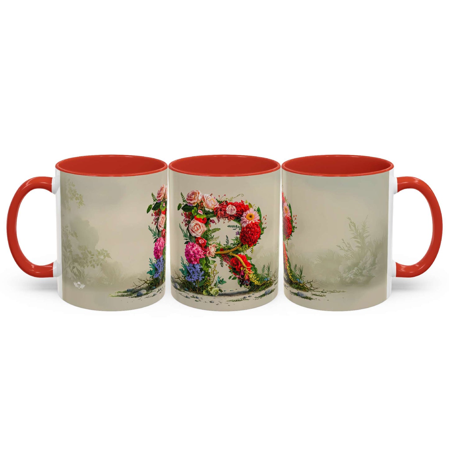 Three mugs with floral designs and red handles on a white background