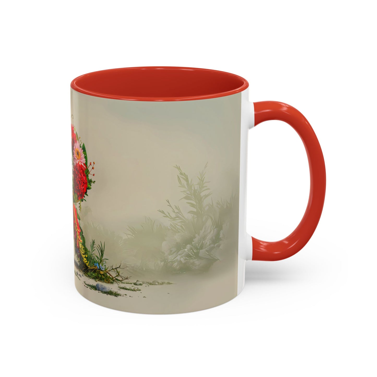 Mug with red interior and handle featuring nature-themed design on a white background