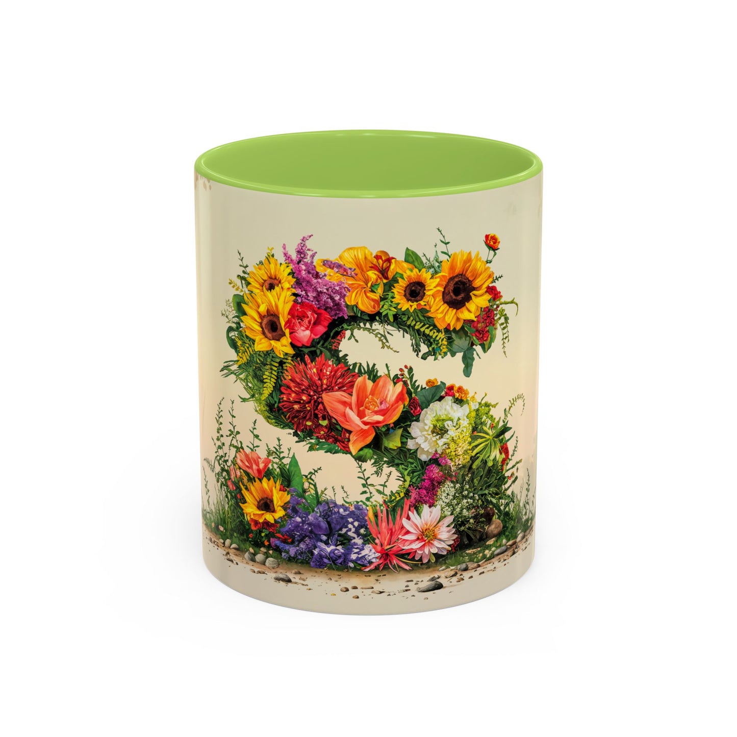 Mug with floral design and green lid on a white background