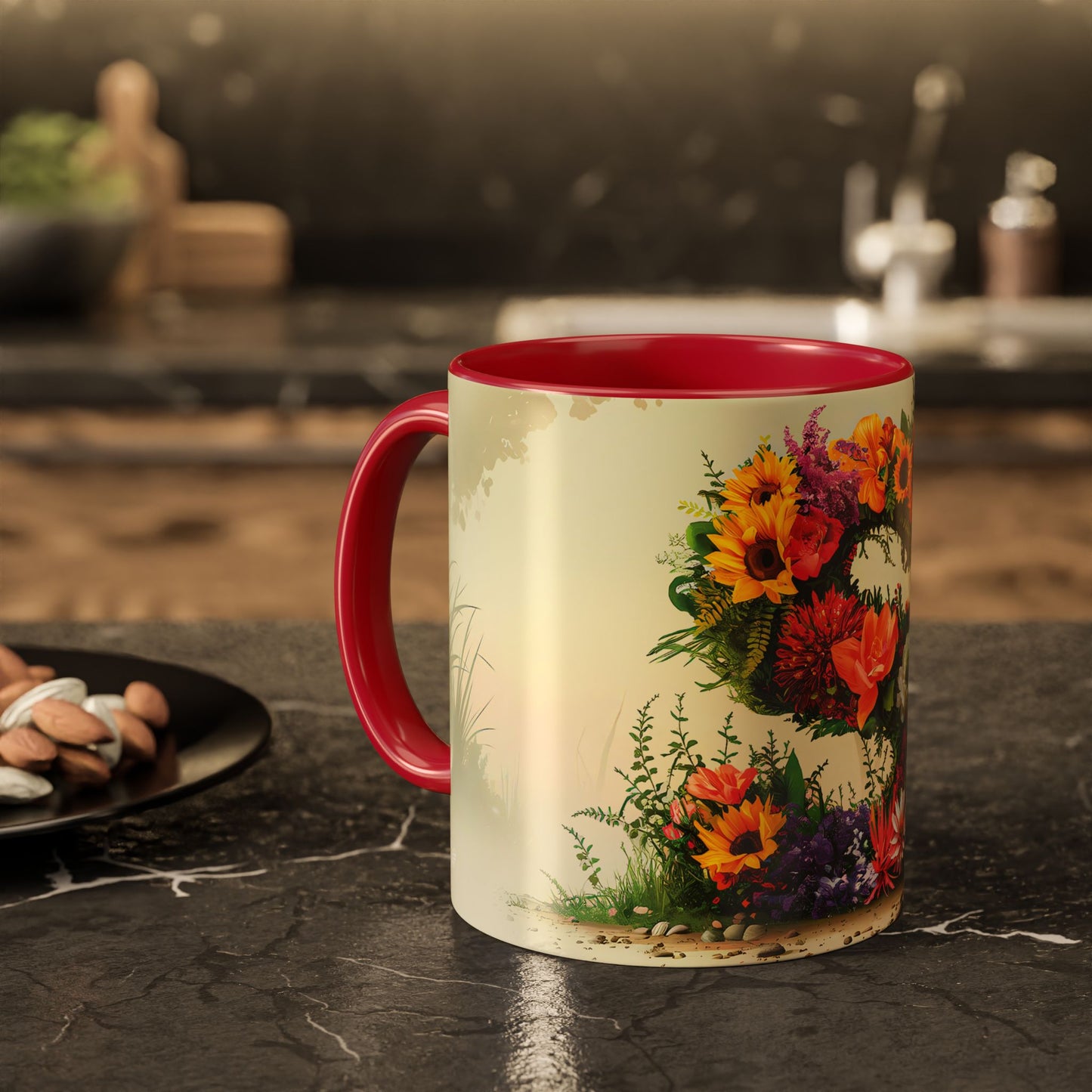 Mug with floral design on a kitchen table