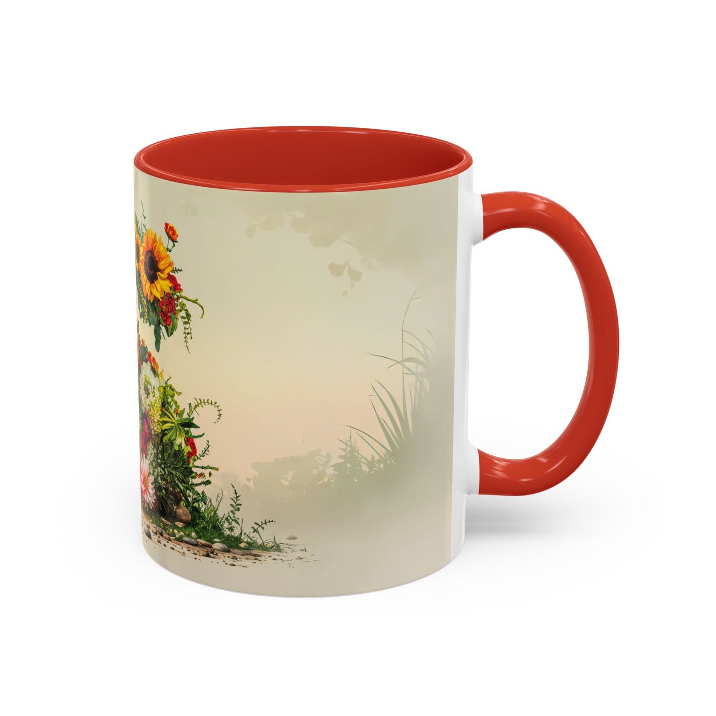 Mug with red interior and handle featuring a floral design on a white background