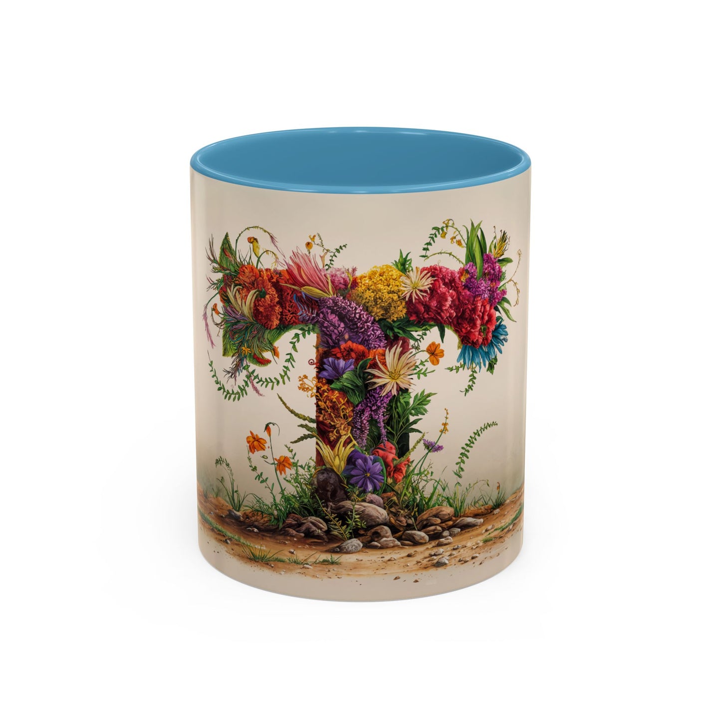 Mug with floral letter 'T' design on a white background