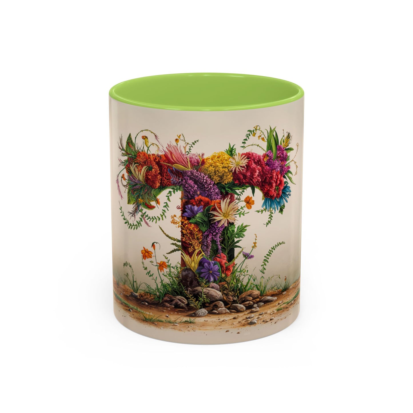 Mug with floral design and green interior on a white background