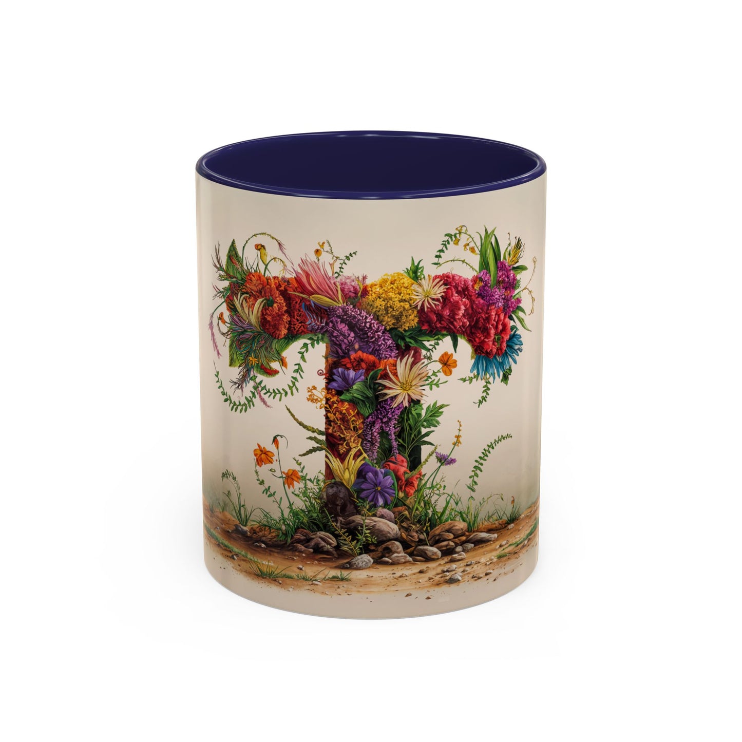 Mug with floral design and blue interior on a white background