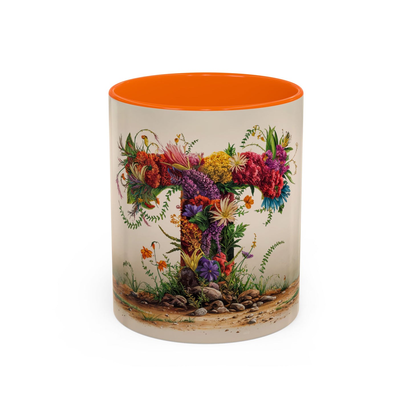 Mug with floral design and orange interior on a white background