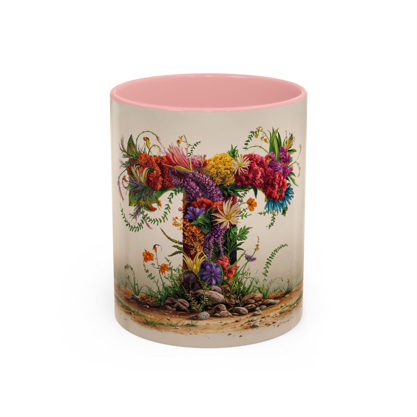 Mug with floral design and pink interior on a white background