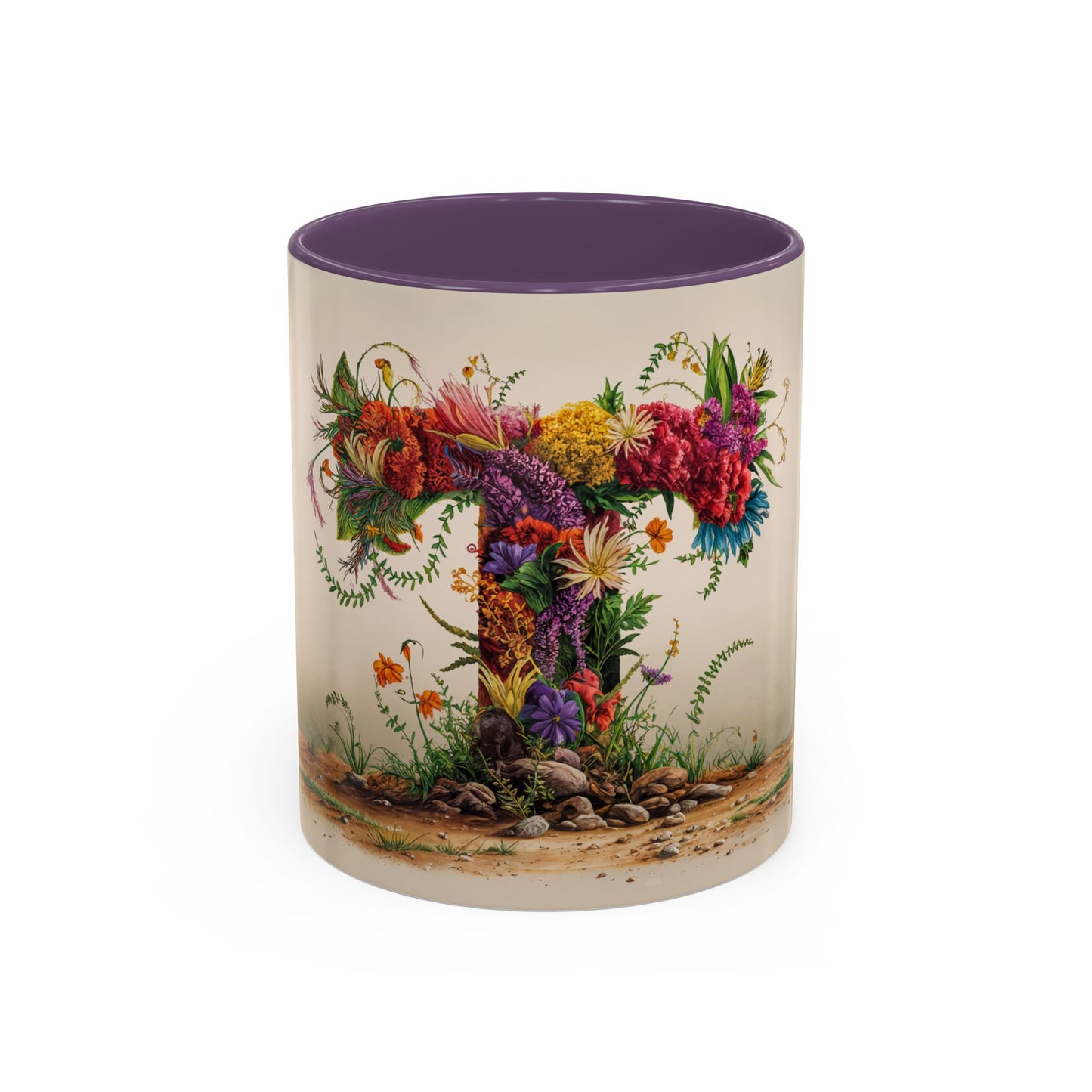 Mug with floral design and purple interior on a white background