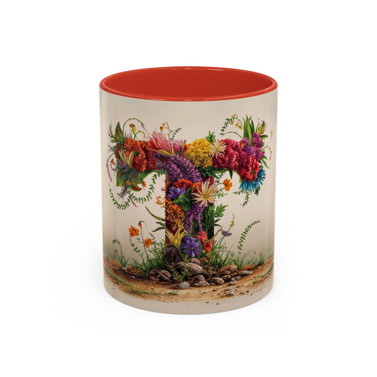 Mug with floral design and red interior on a white background
