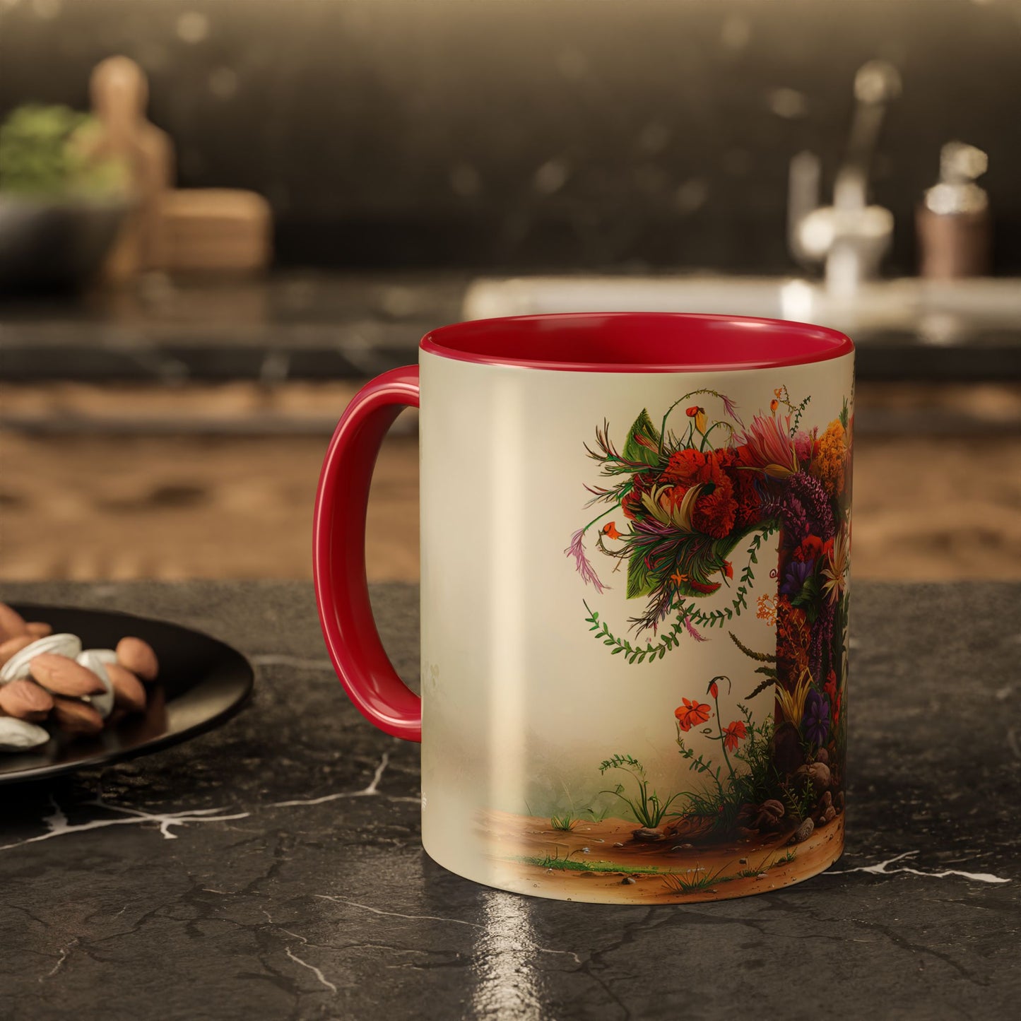 Mug with floral design on a kitchen table