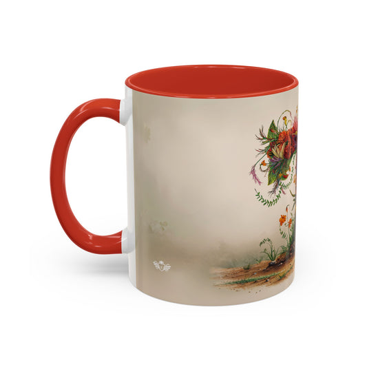 Mug with red interior and handle, featuring a nature-themed design on a beige background