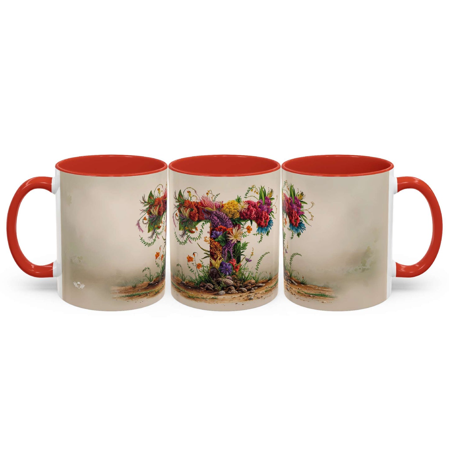 Three mugs with floral designs and red interiors on a white background