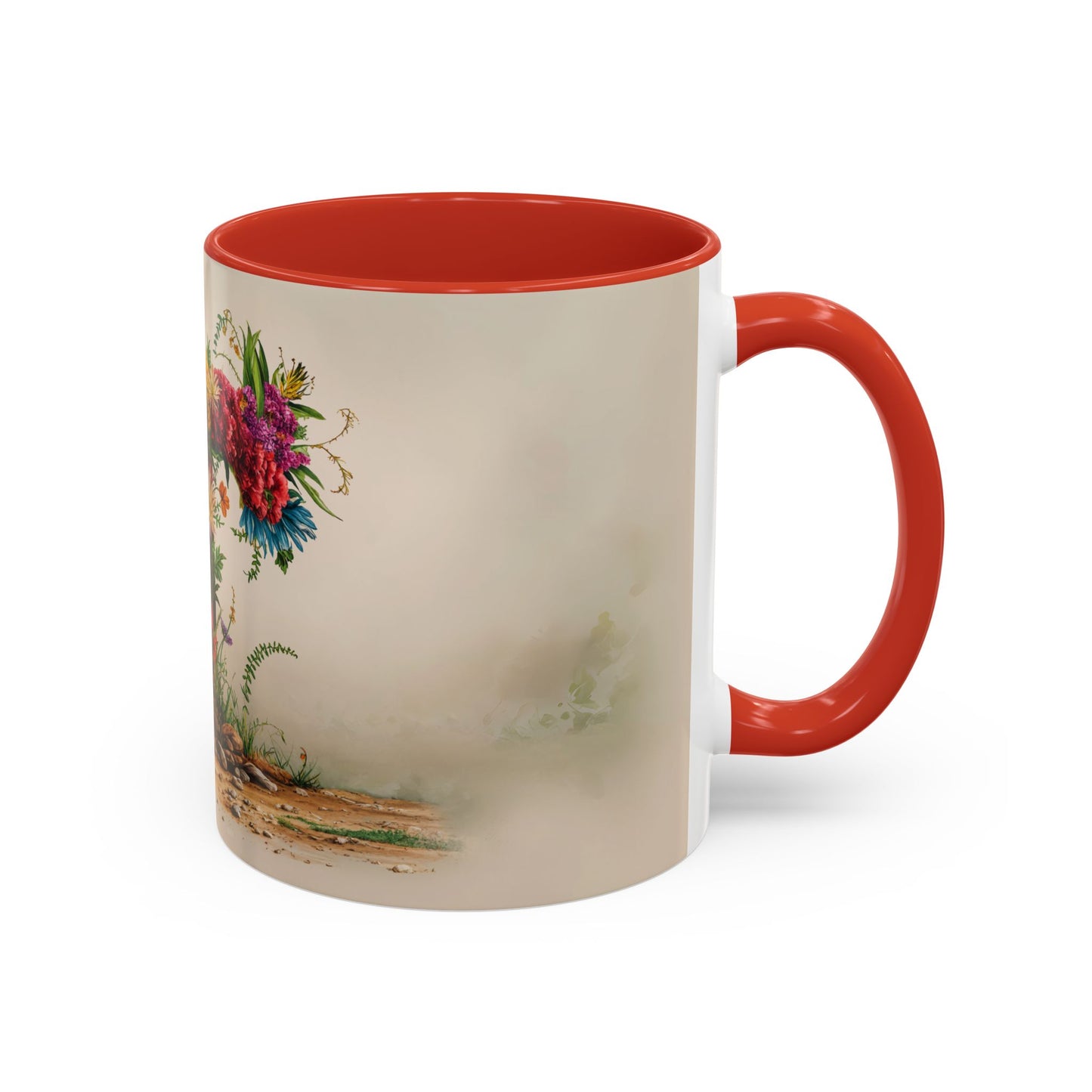 Mug with floral design and red interior and handle on a white background