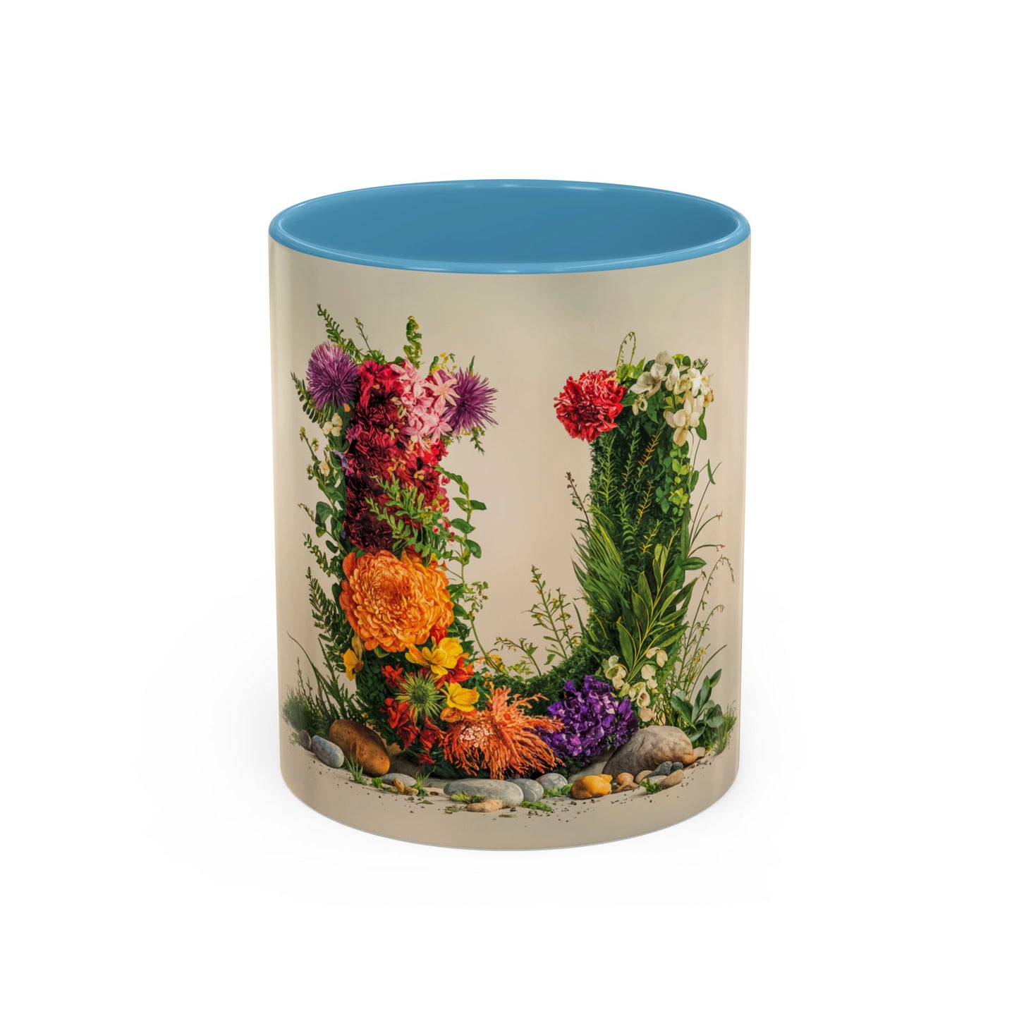Mug with floral design and blue interior on a white background