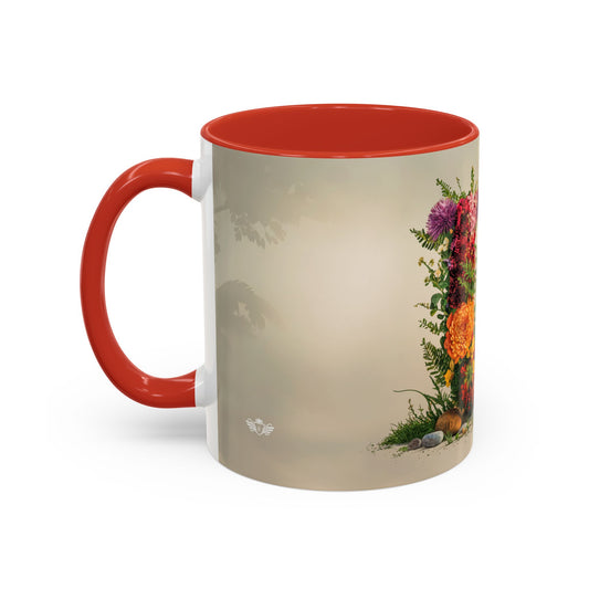 Mug with floral design and red handle on a white background