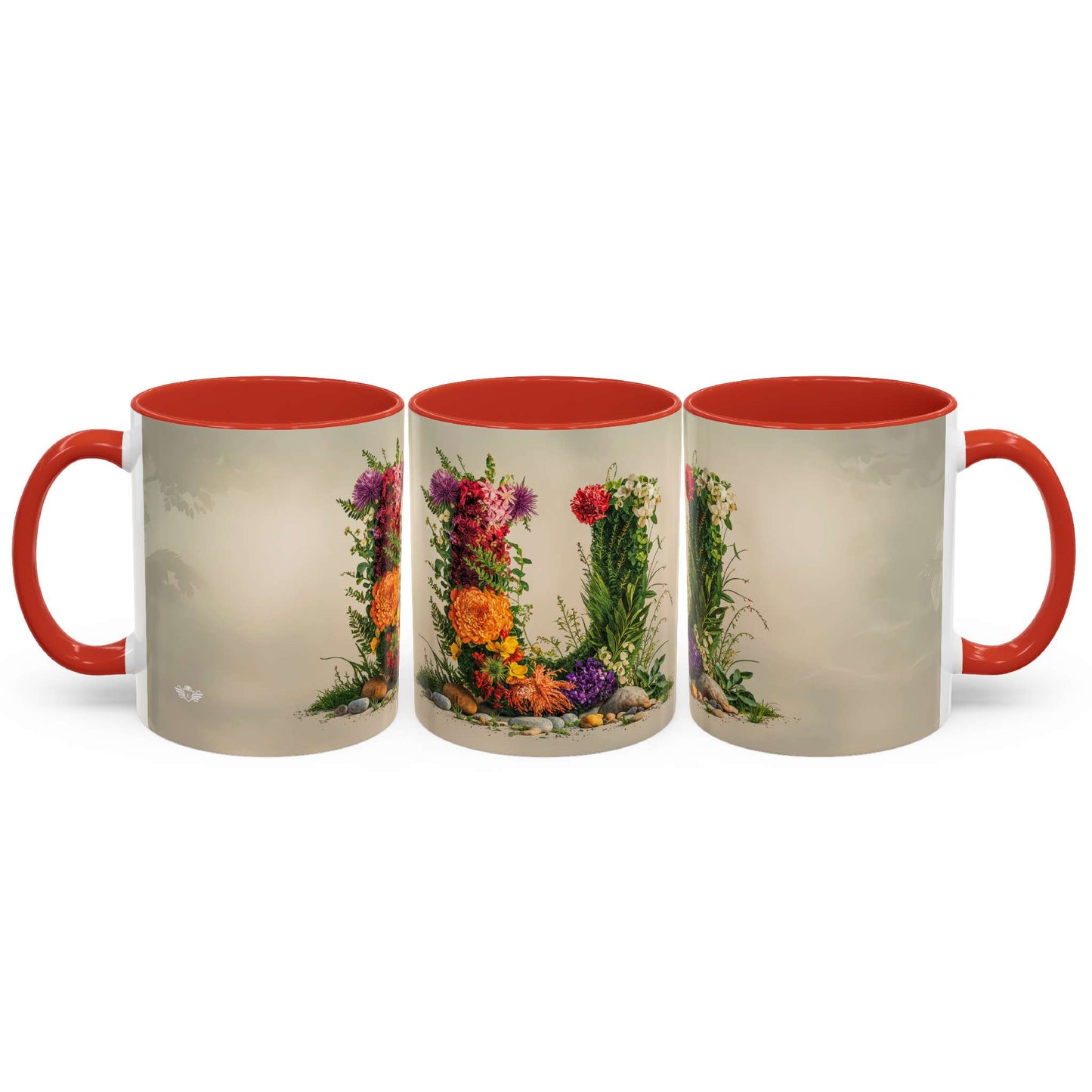 Three mugs with floral designs on a beige background