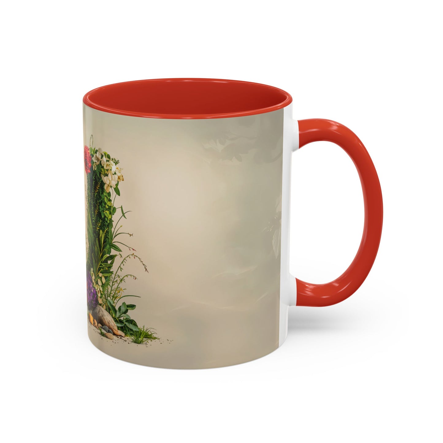 Mug with red interior and handle featuring a nature-themed design on a white background