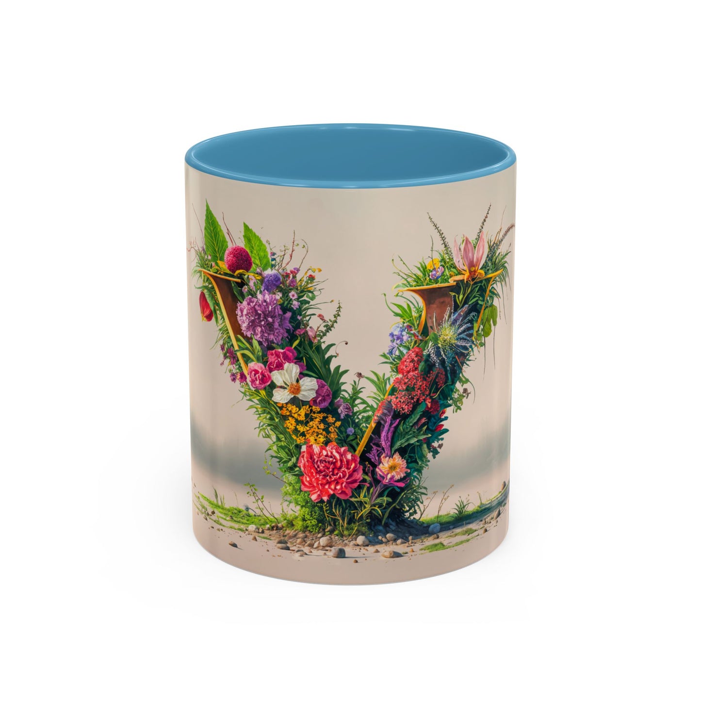 Mug with floral design and blue interior on a white background