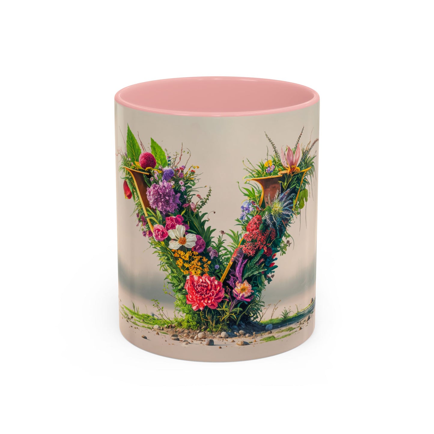Mug with floral design and pink interior on a white background
