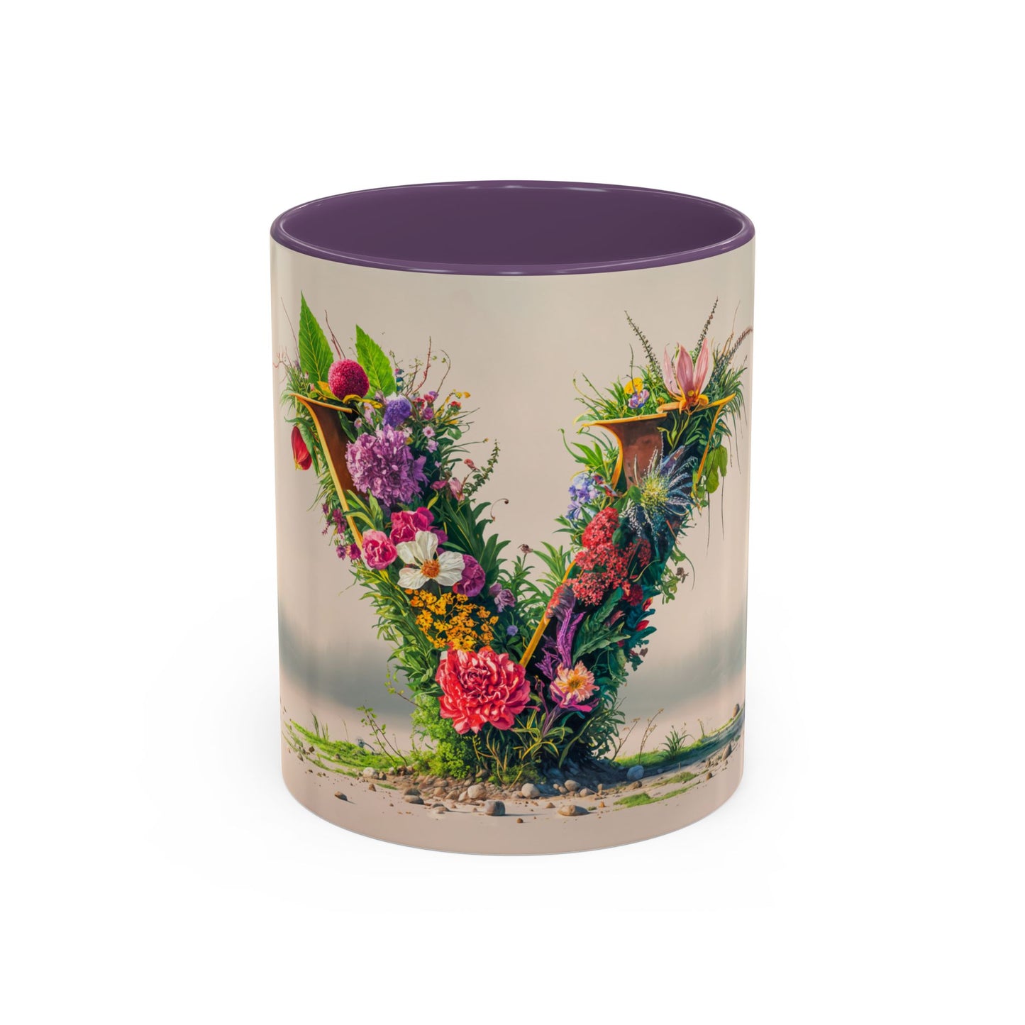 Mug with floral design and purple interior on a white background