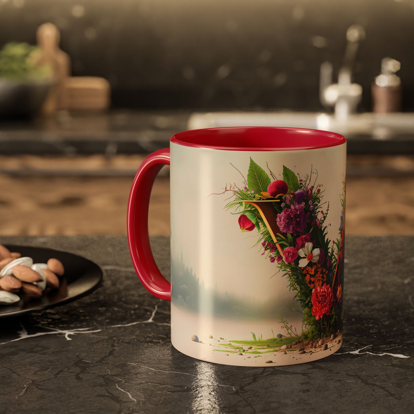 Mug with floral design and red handle on a kitchen counter