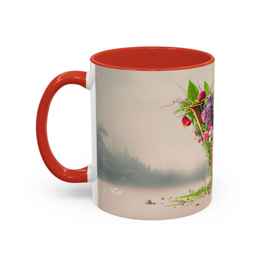 Mug with red interior and handle, featuring a nature-themed design of flowers and mountains.