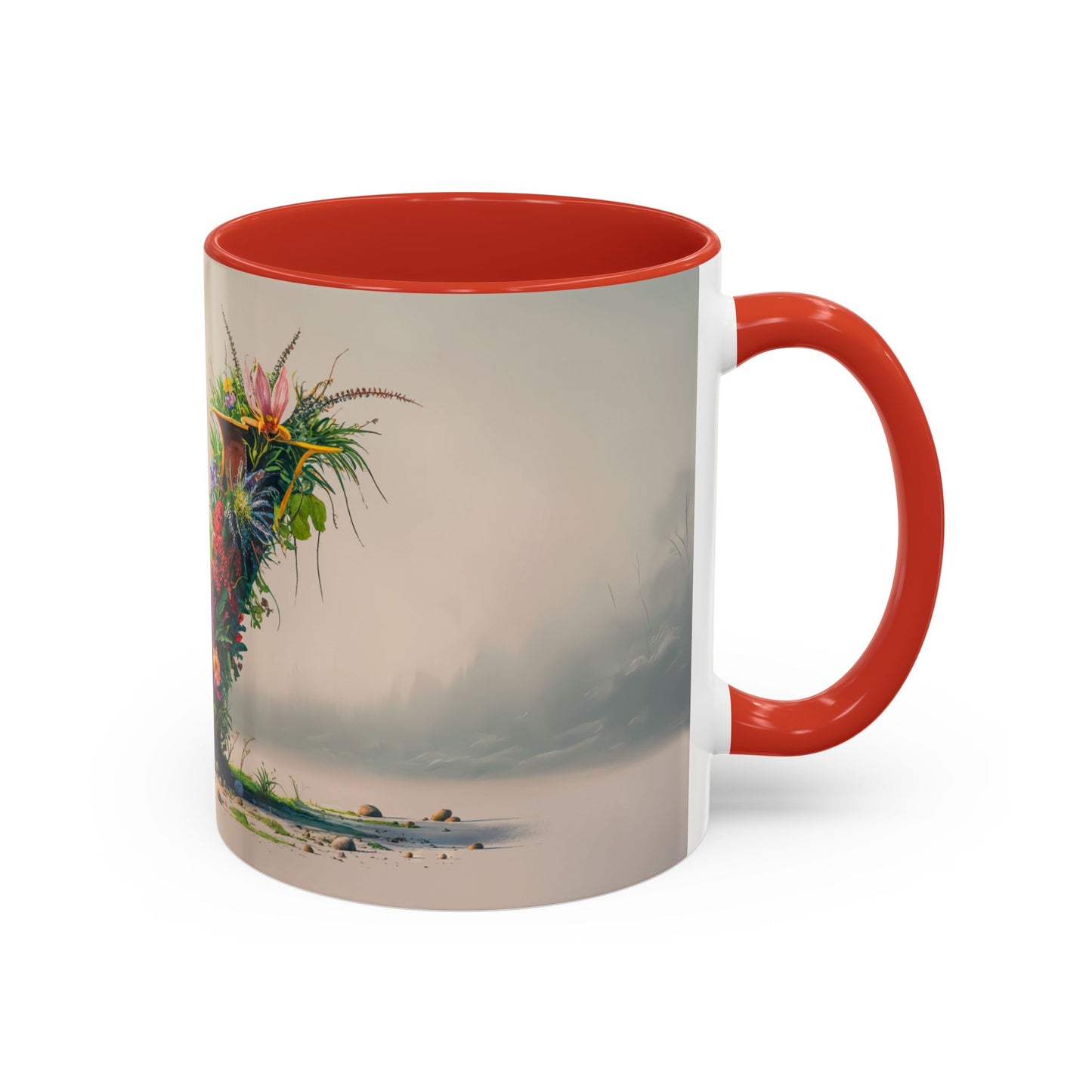 Mug with a floral design, featuring a red interior and handle.