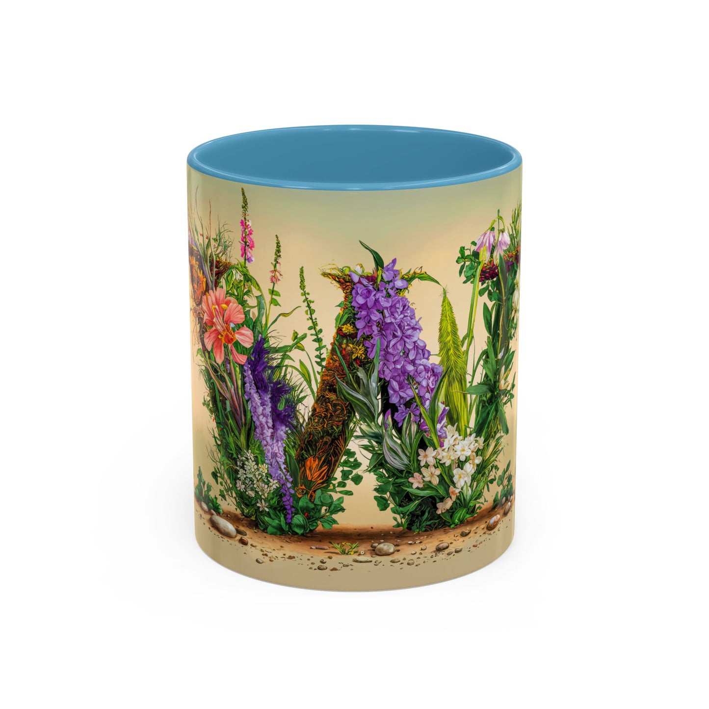 Mug with floral design and blue interior on a white background