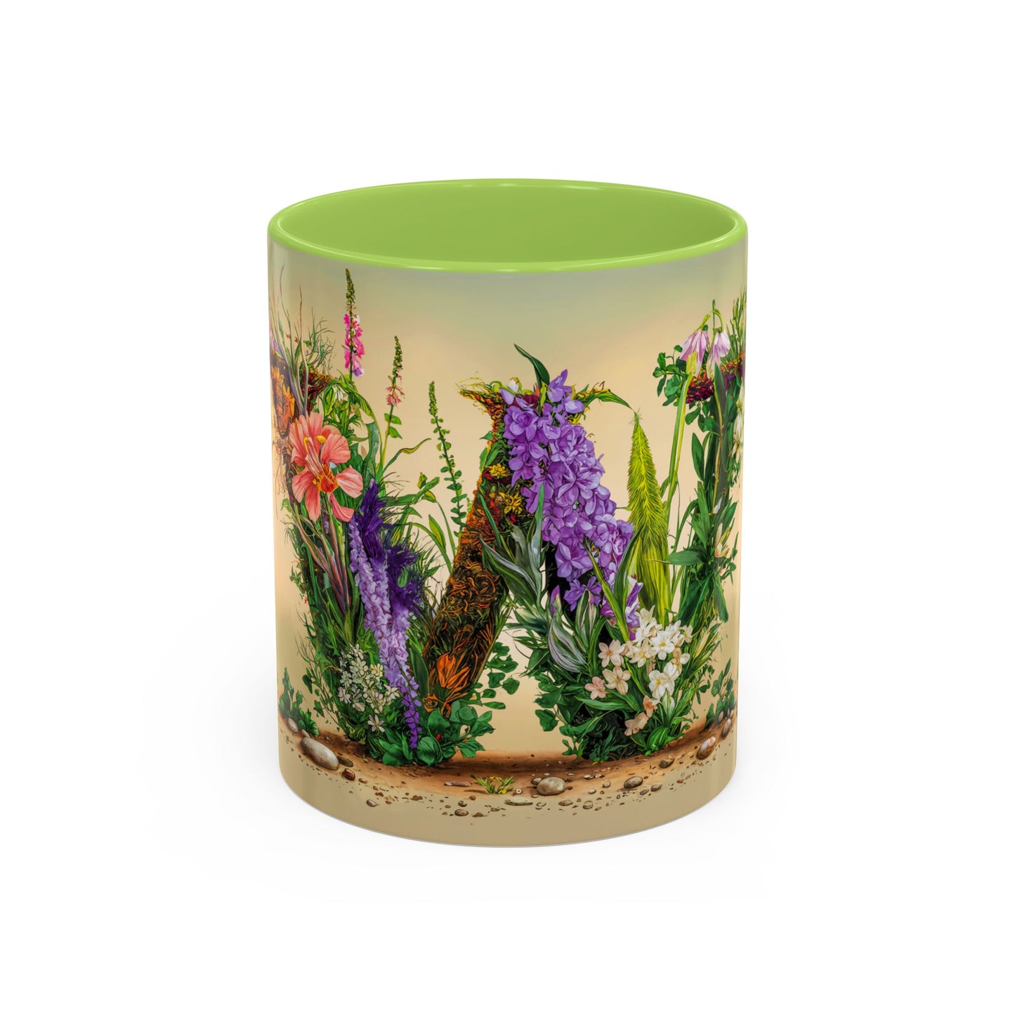 Mug with floral design and green rim on a white background