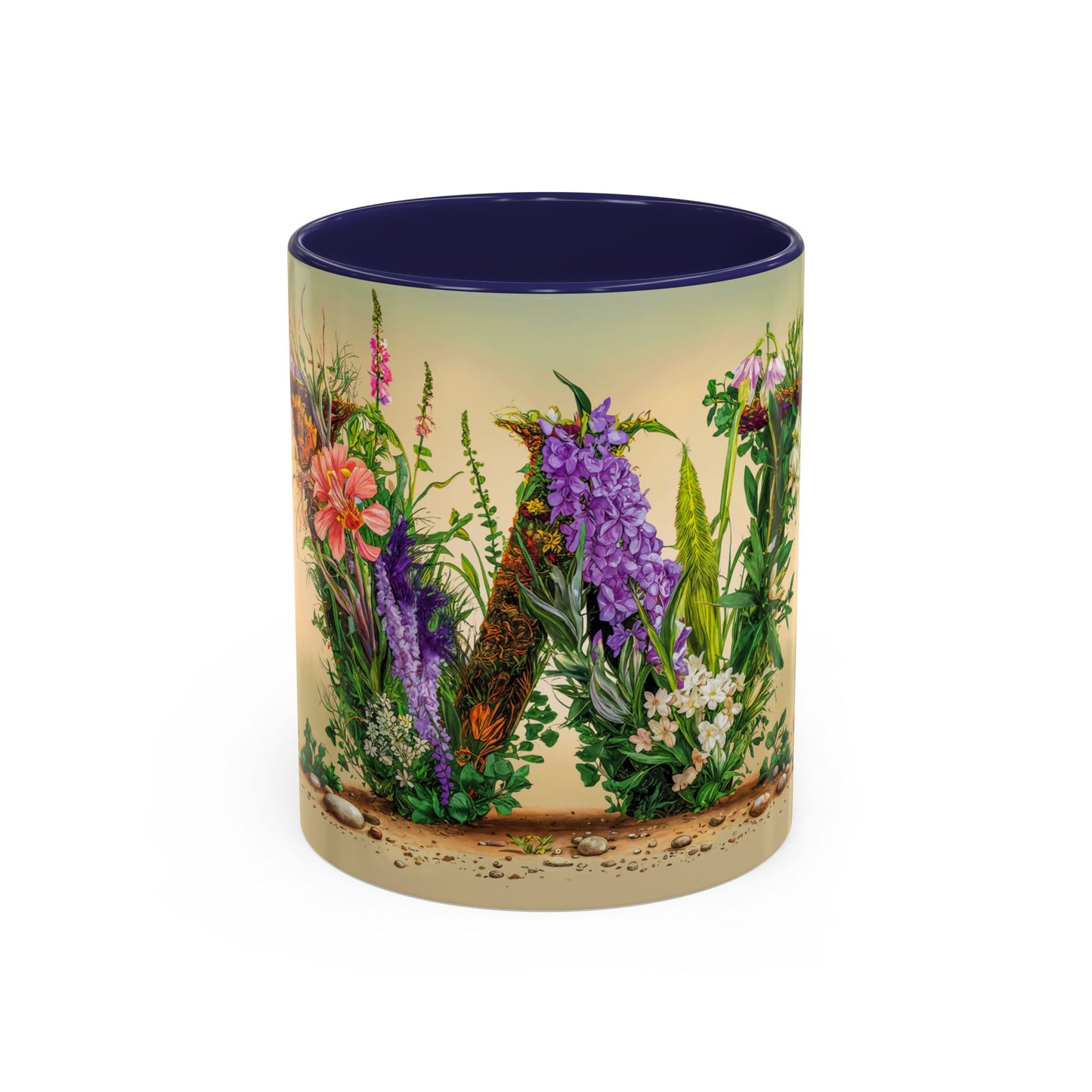 Mug with floral design and blue interior on a white background