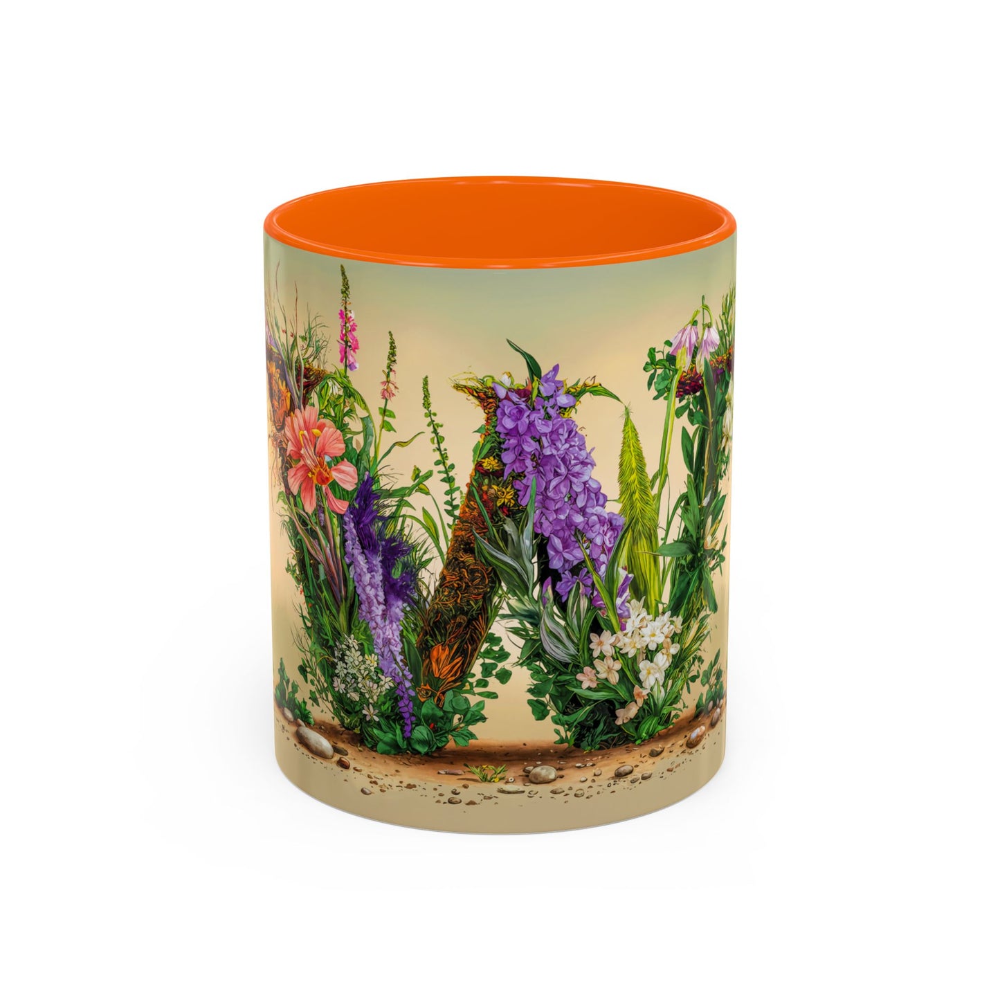 Mug with floral design and orange interior on a white background