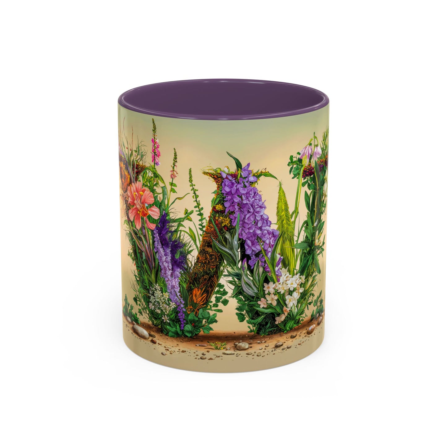 Mug with floral design and purple interior on a white background
