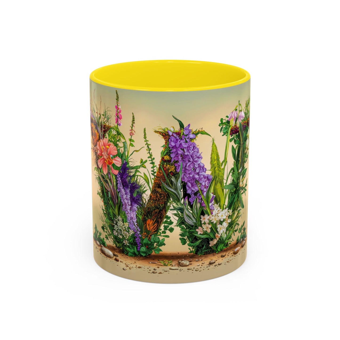 Mug with floral design and yellow interior on a white background