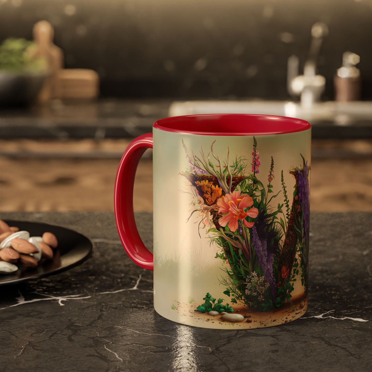 Mug with floral design and red handle on a kitchen counter