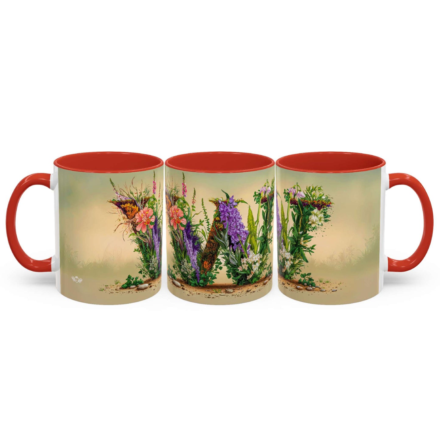 Three mugs with floral designs and red handles on a white background