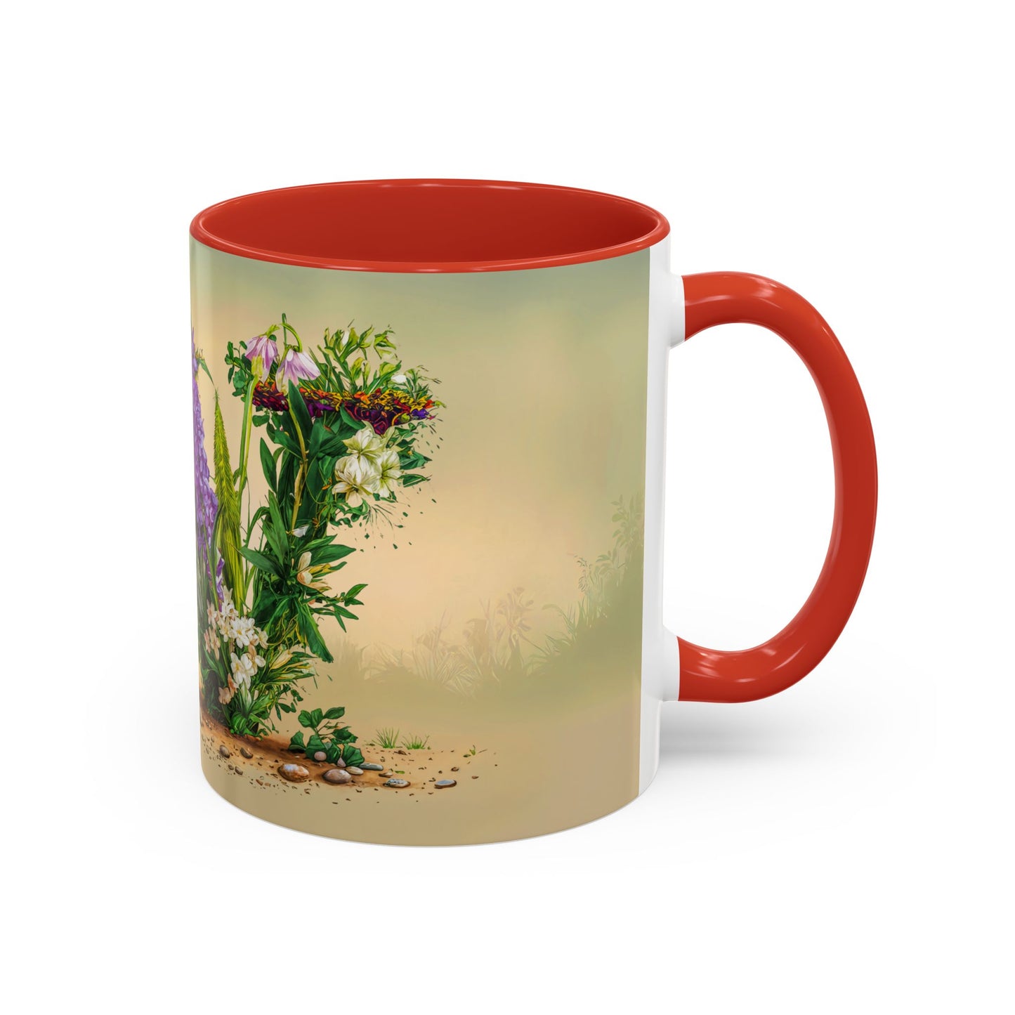 Mug with red interior and handle featuring a nature-themed design on a beige background