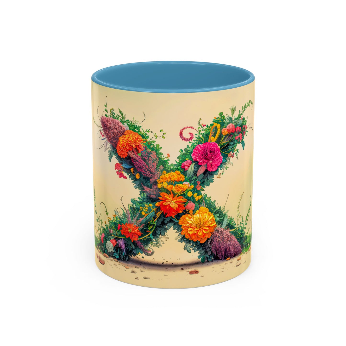 Mug with floral design and blue interior on a white background