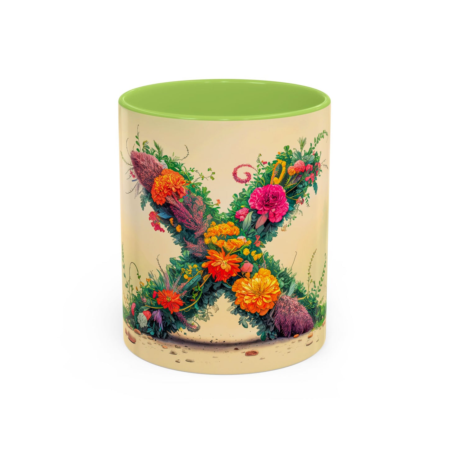 Mug with floral design and green lid on a white background