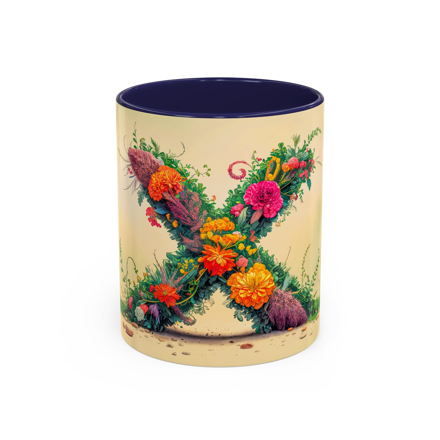 Mug with floral design and blue interior on a beige background