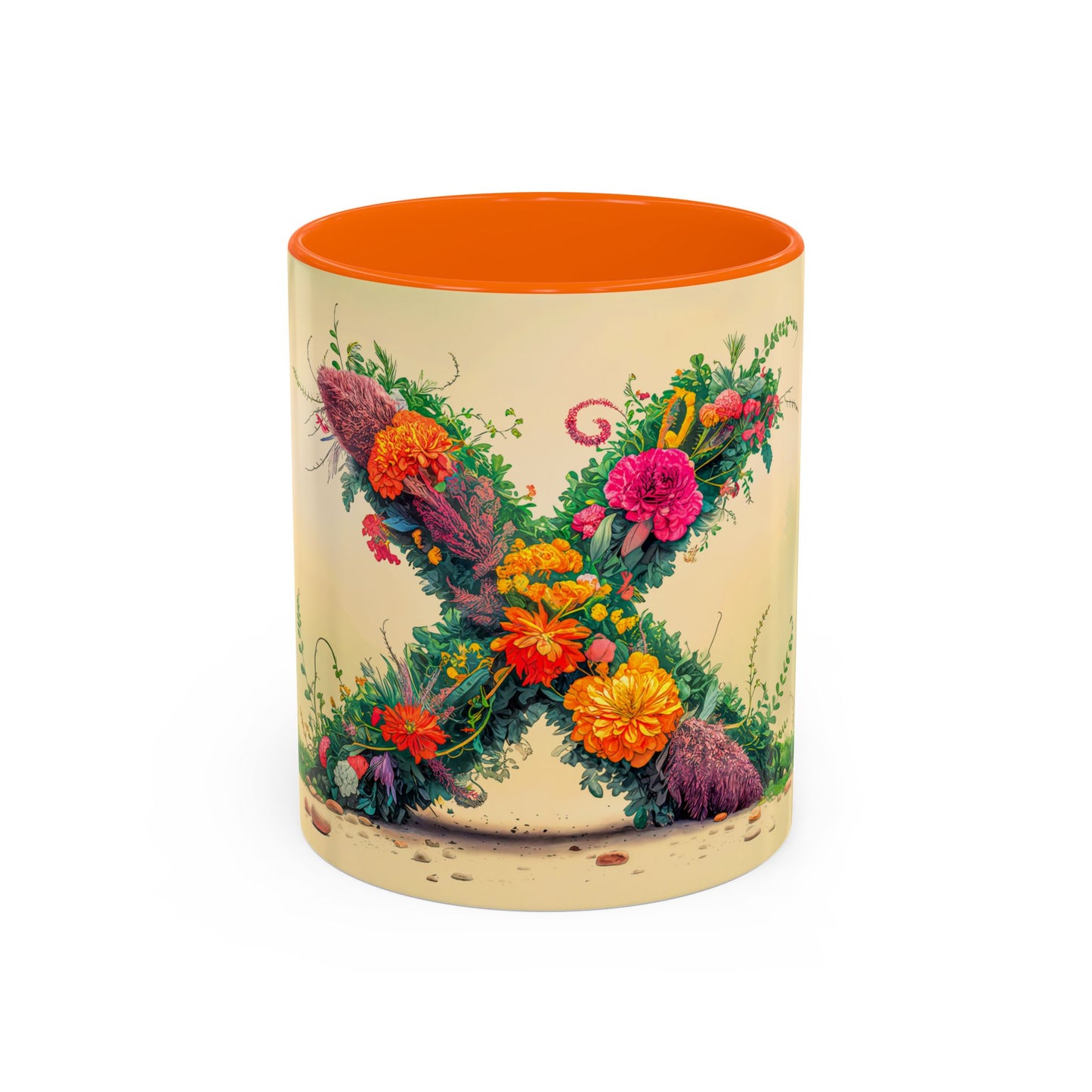 Mug with floral design and orange interior on a beige background