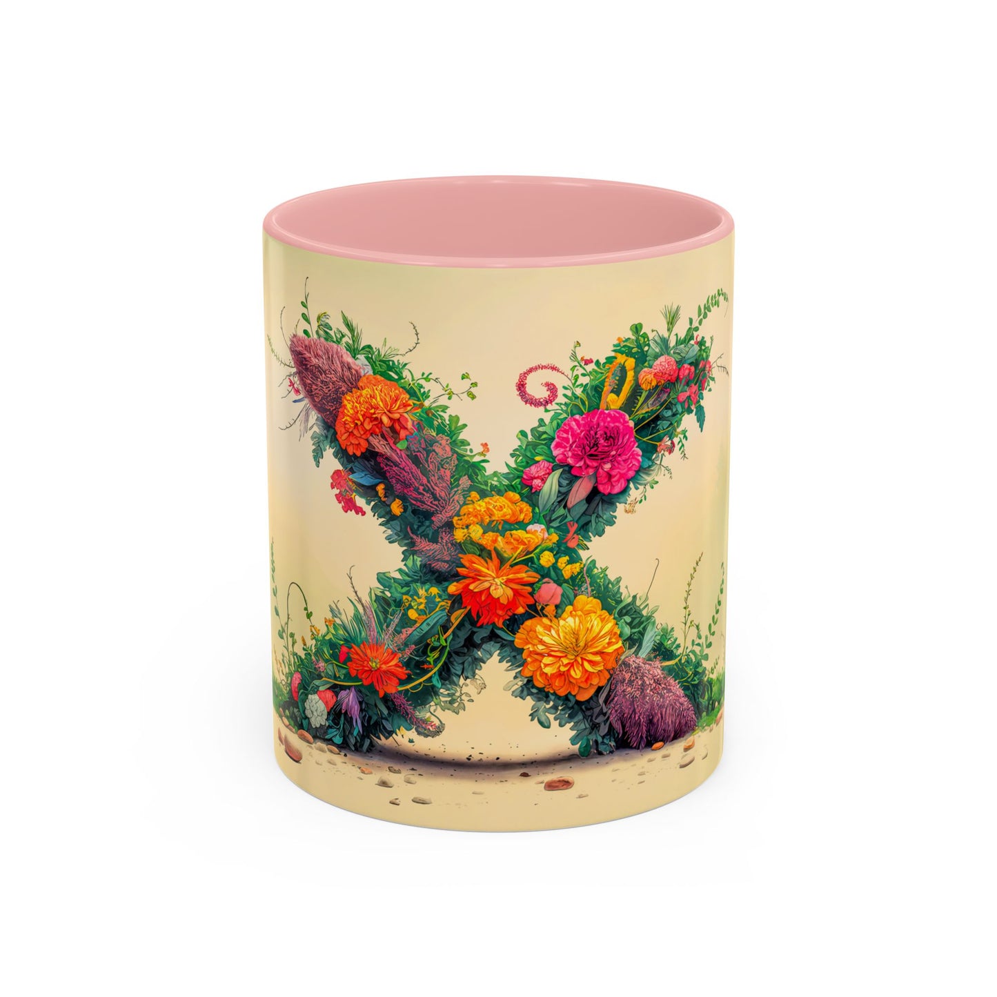 Mug with floral design and pink interior on a beige background