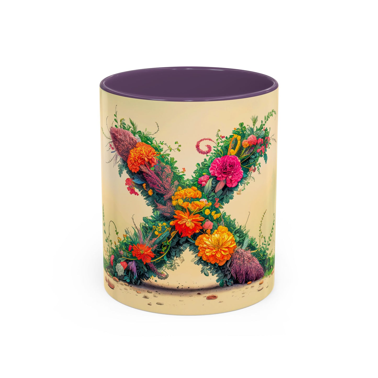 Mug with floral design and purple interior on a beige background