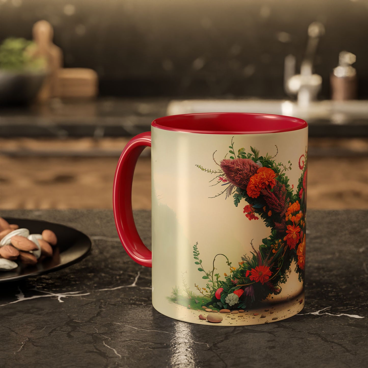 Mug with floral design and red handle on a kitchen counter