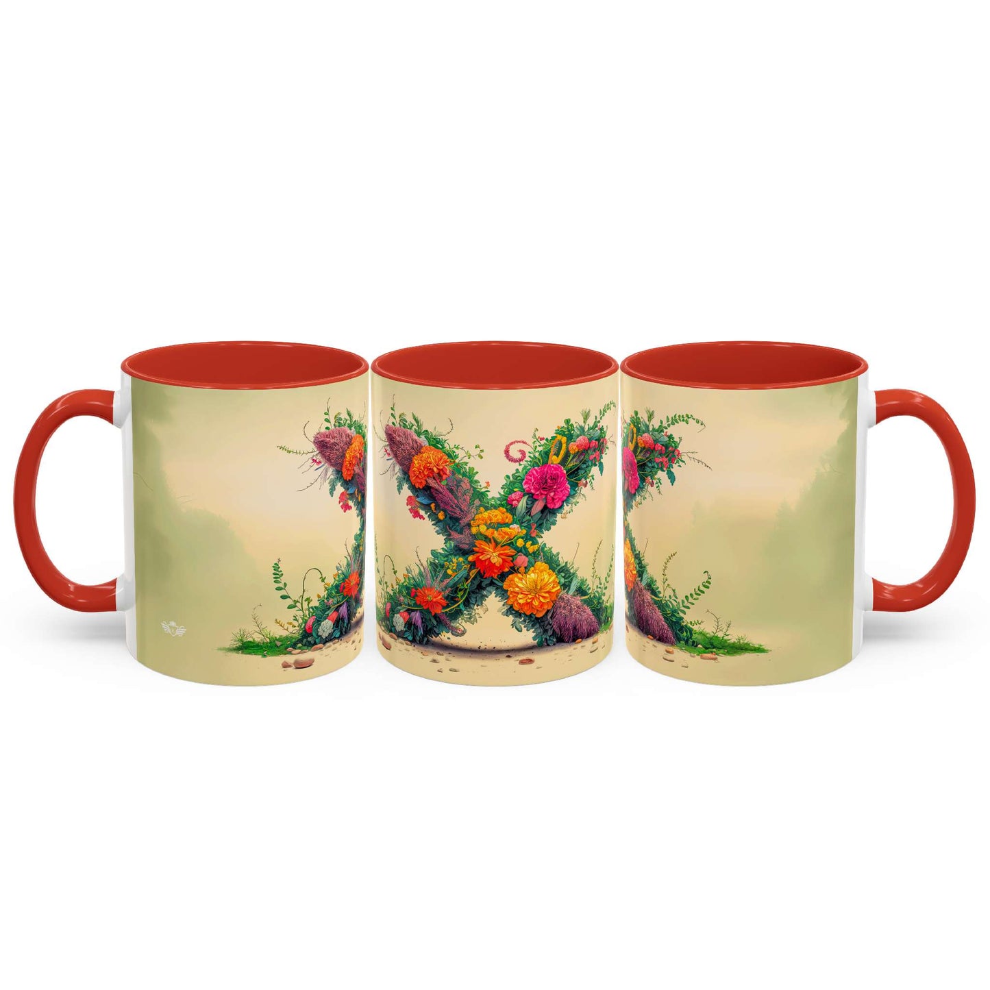 Three mugs with floral design and red handles on a white background