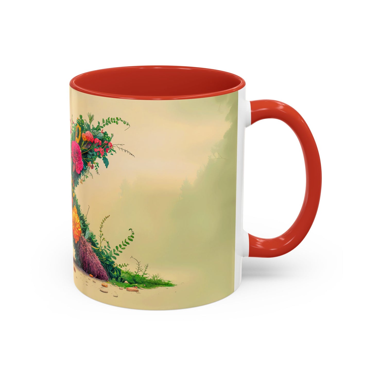 Mug with floral design and red interior and handle on a white background