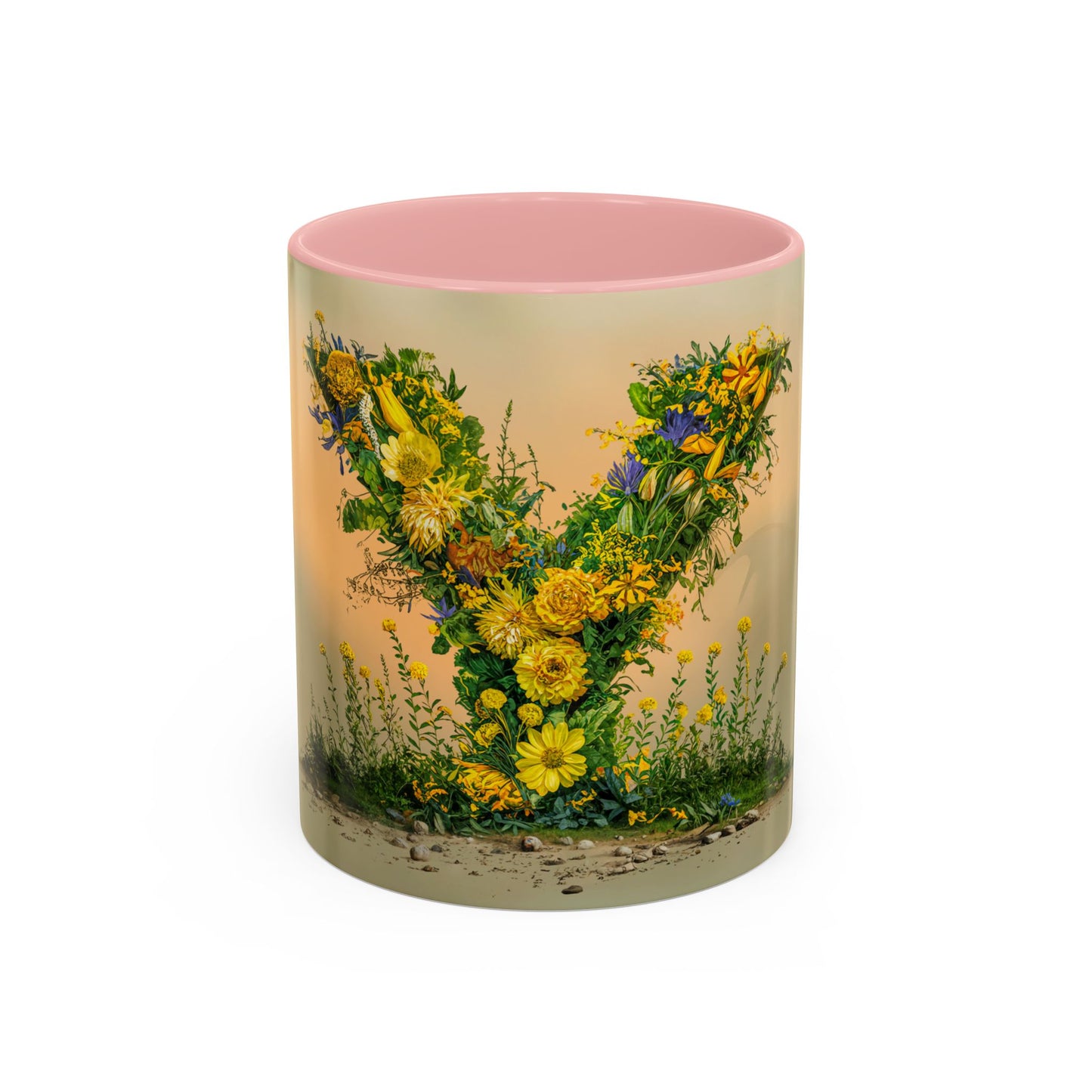 Mug with floral design and pink interior on a white background