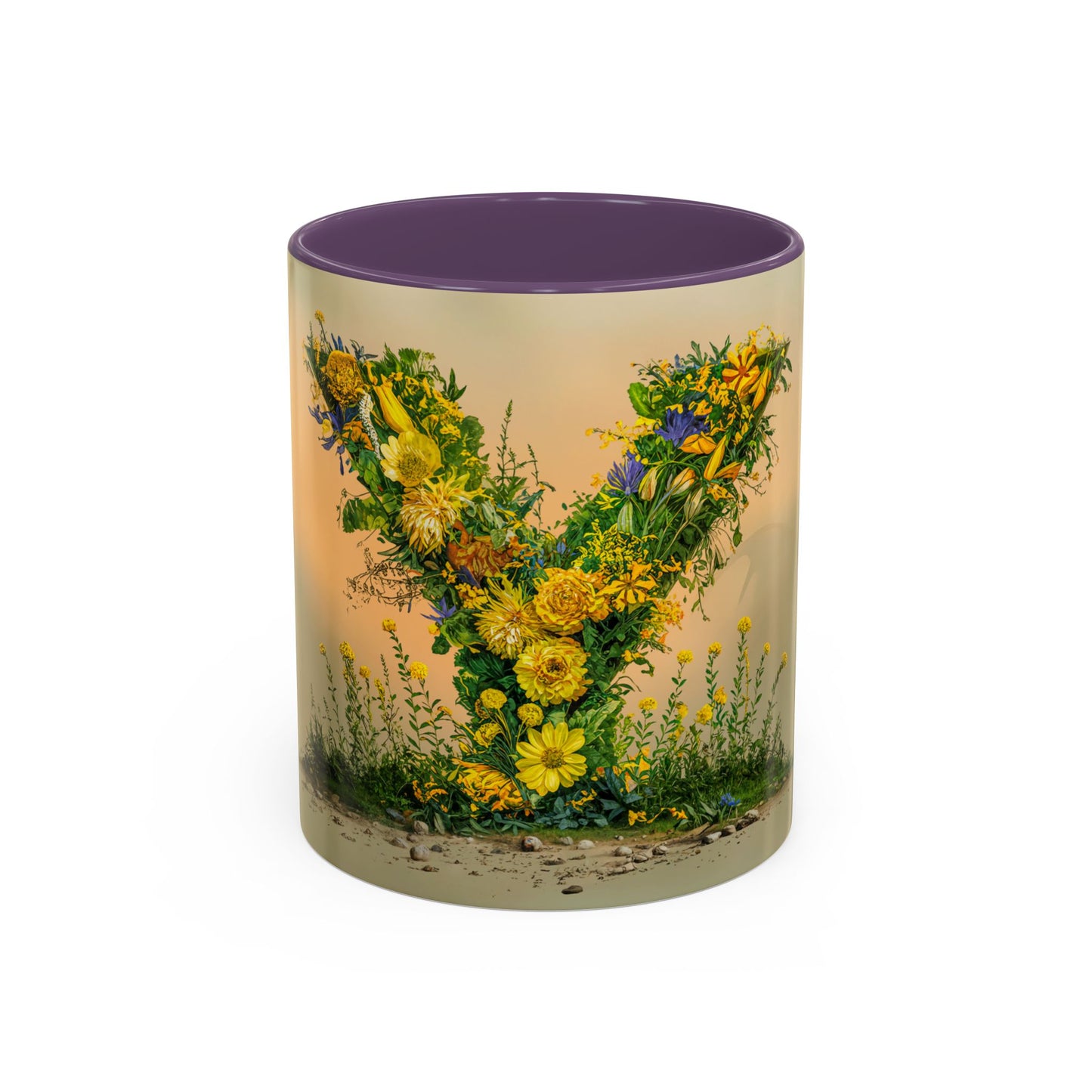 Mug with floral design and purple interior on a white background