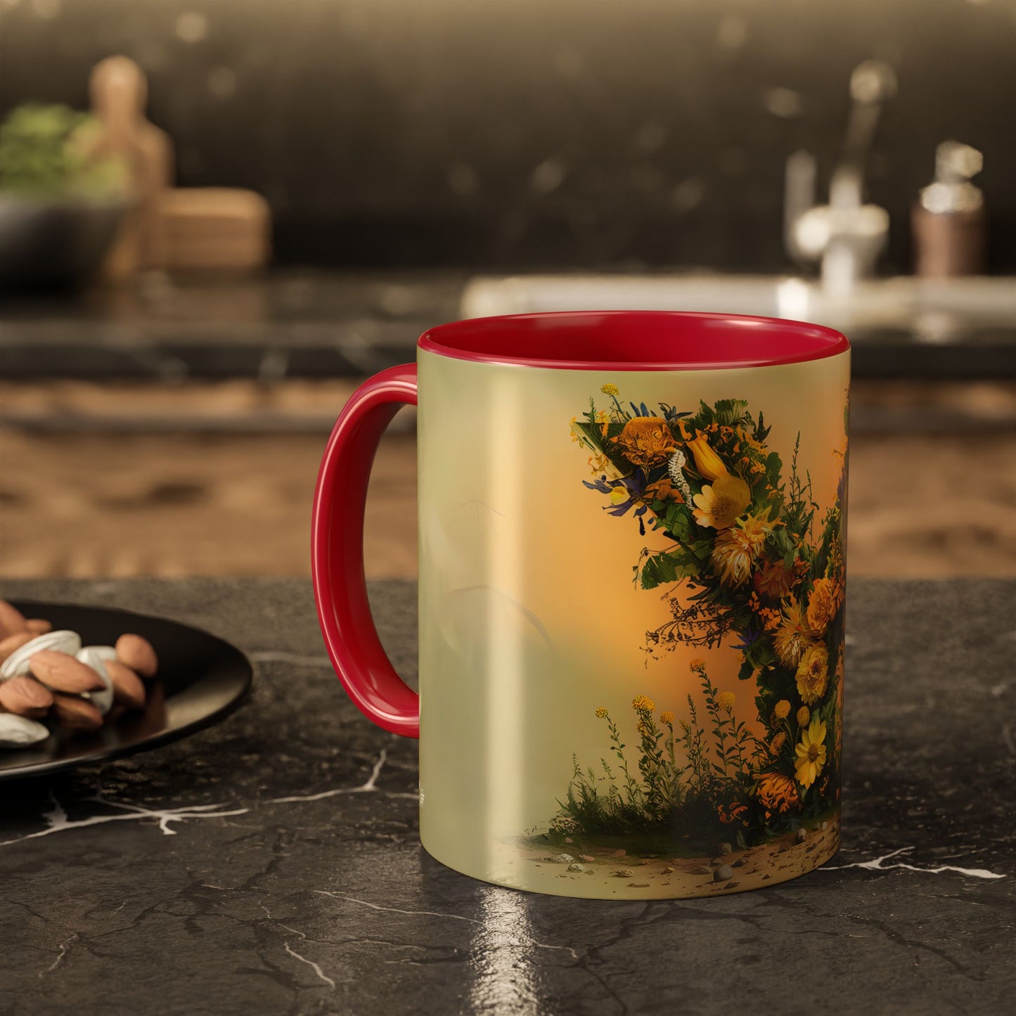 Mug with floral design on a kitchen counter