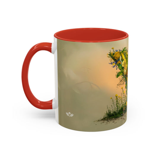 Mug with red interior and handle, featuring a nature-themed design of flowers and mountains.