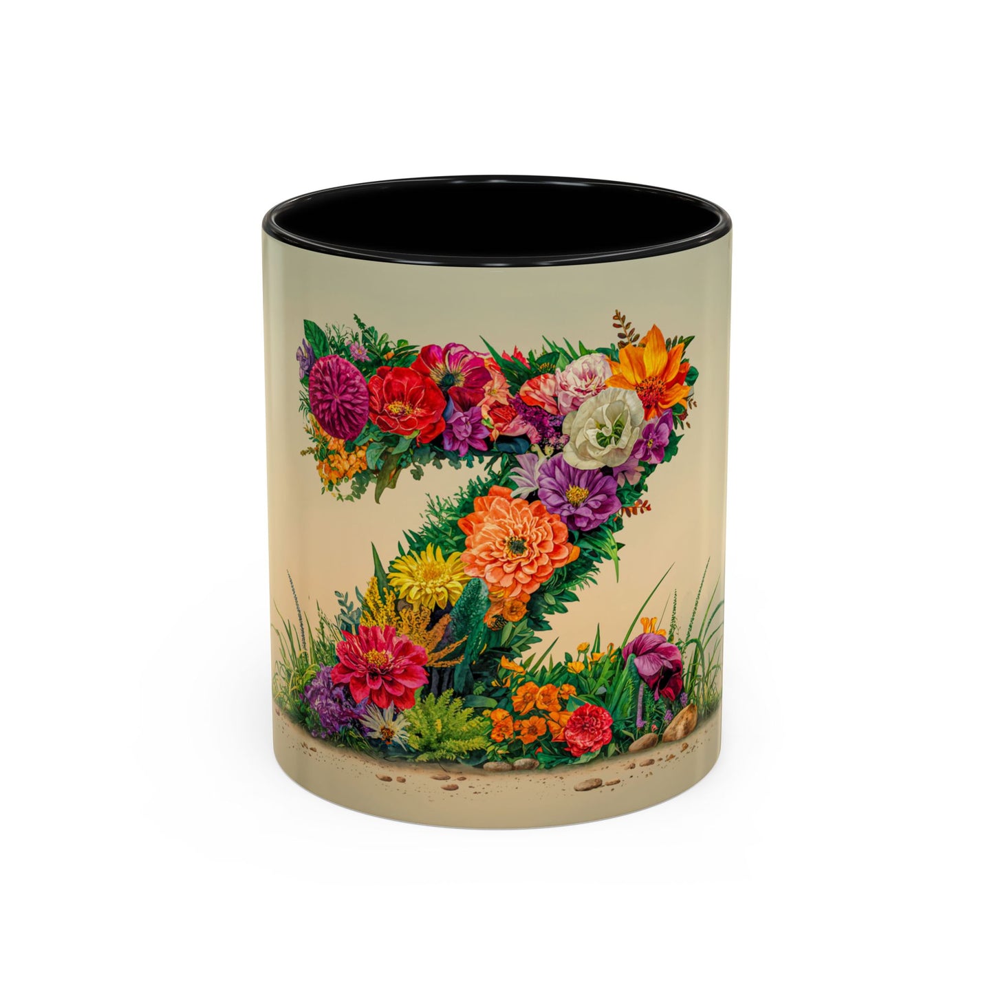 Mug with colorful floral design on a beige background